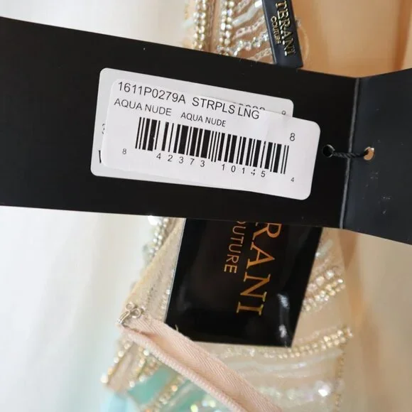 NWT Terani Couture Strapless Blue Gold Jeweled Formal Gown $495